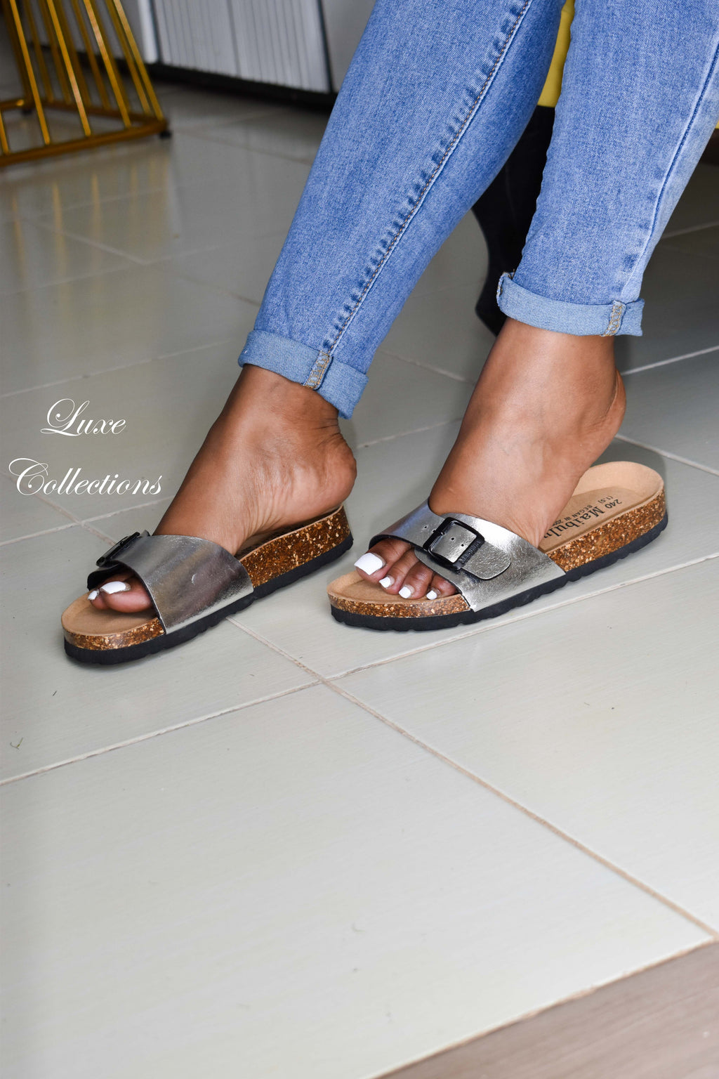 Silver Slip-on Cork Sandals
