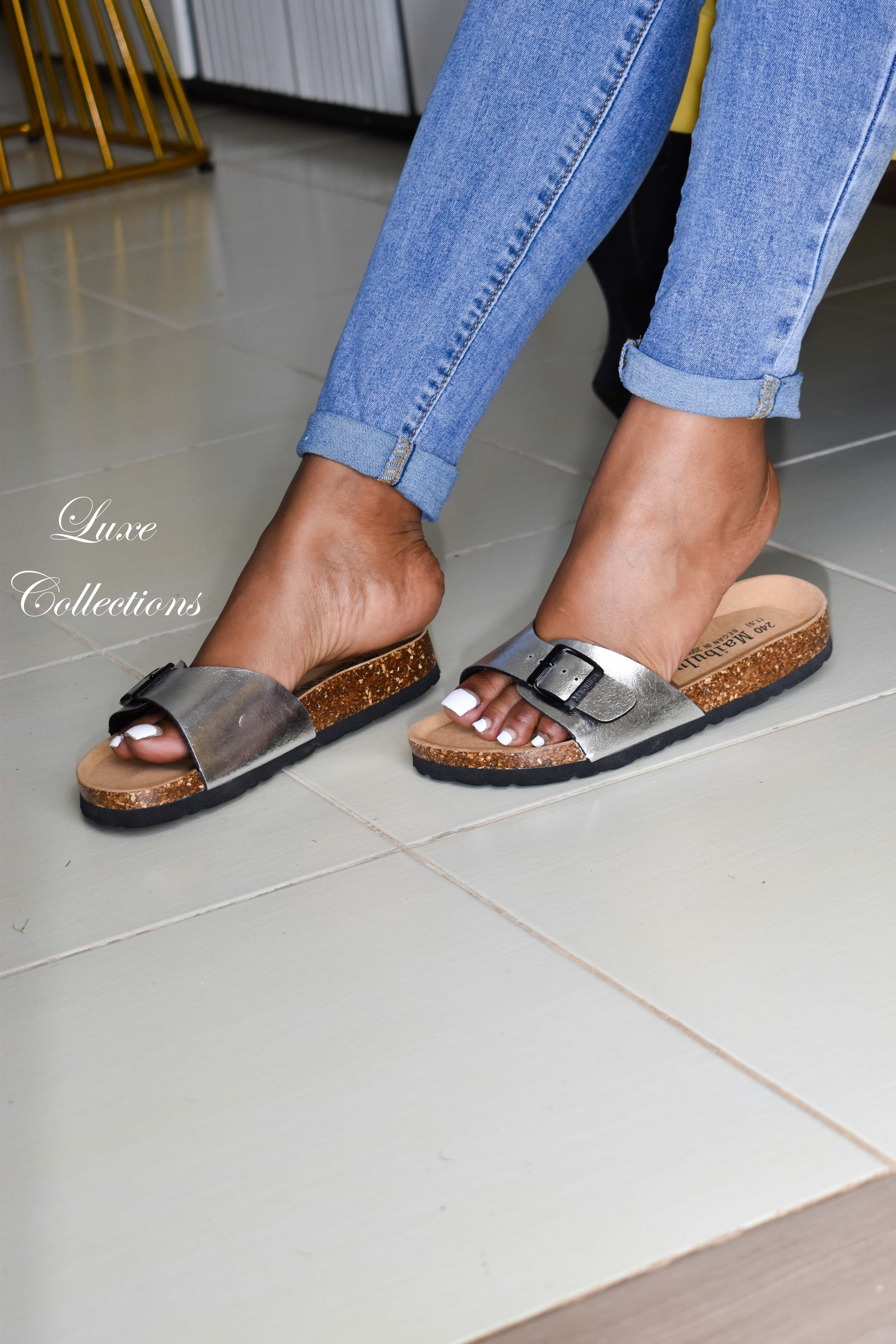 Silver Slip-on Cork Sandals