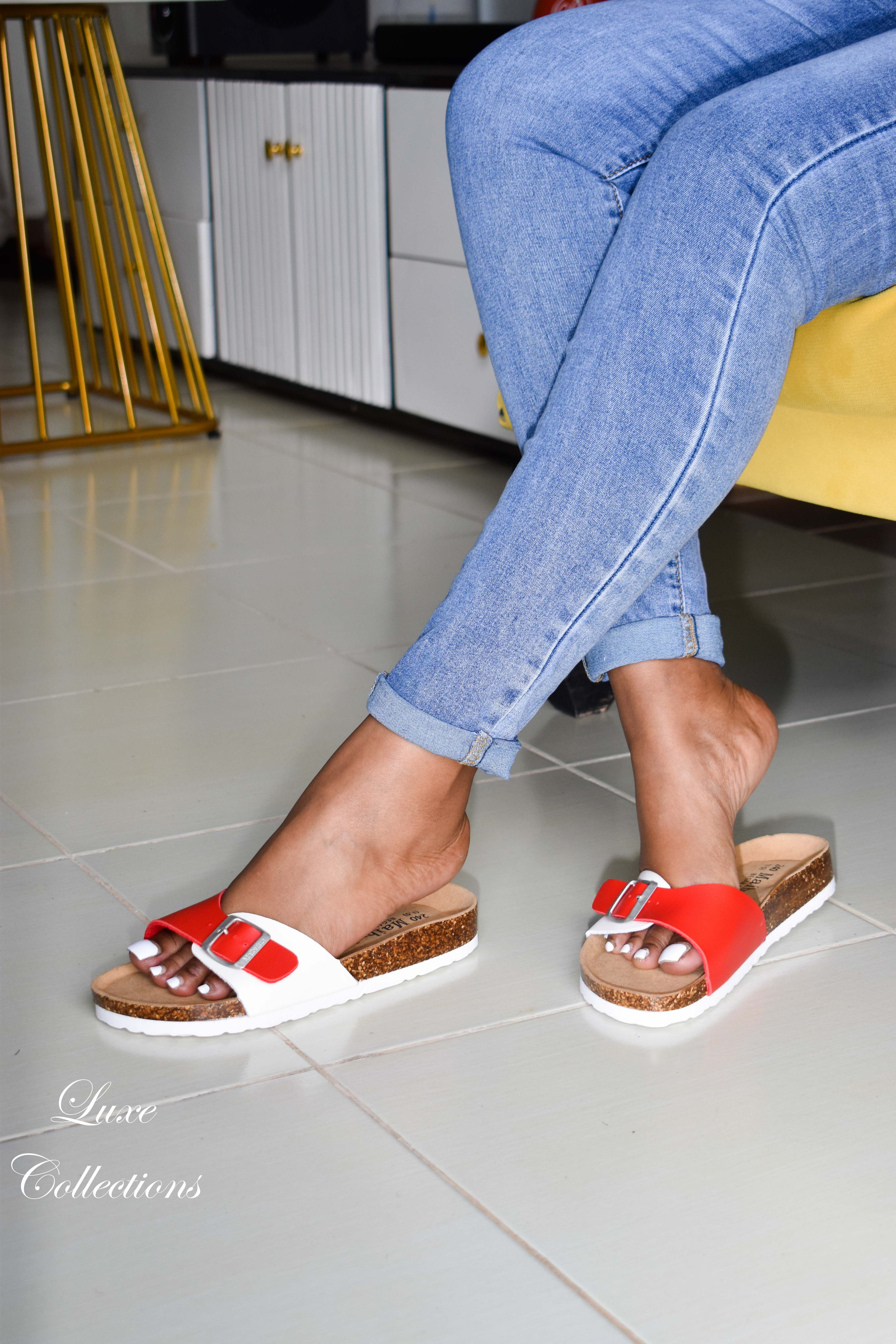 Red White Slip-on Cork Sandals
