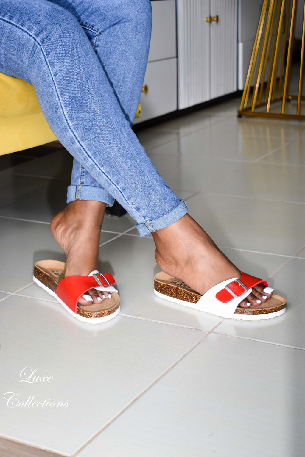 Red White Slip-on Cork Sandals