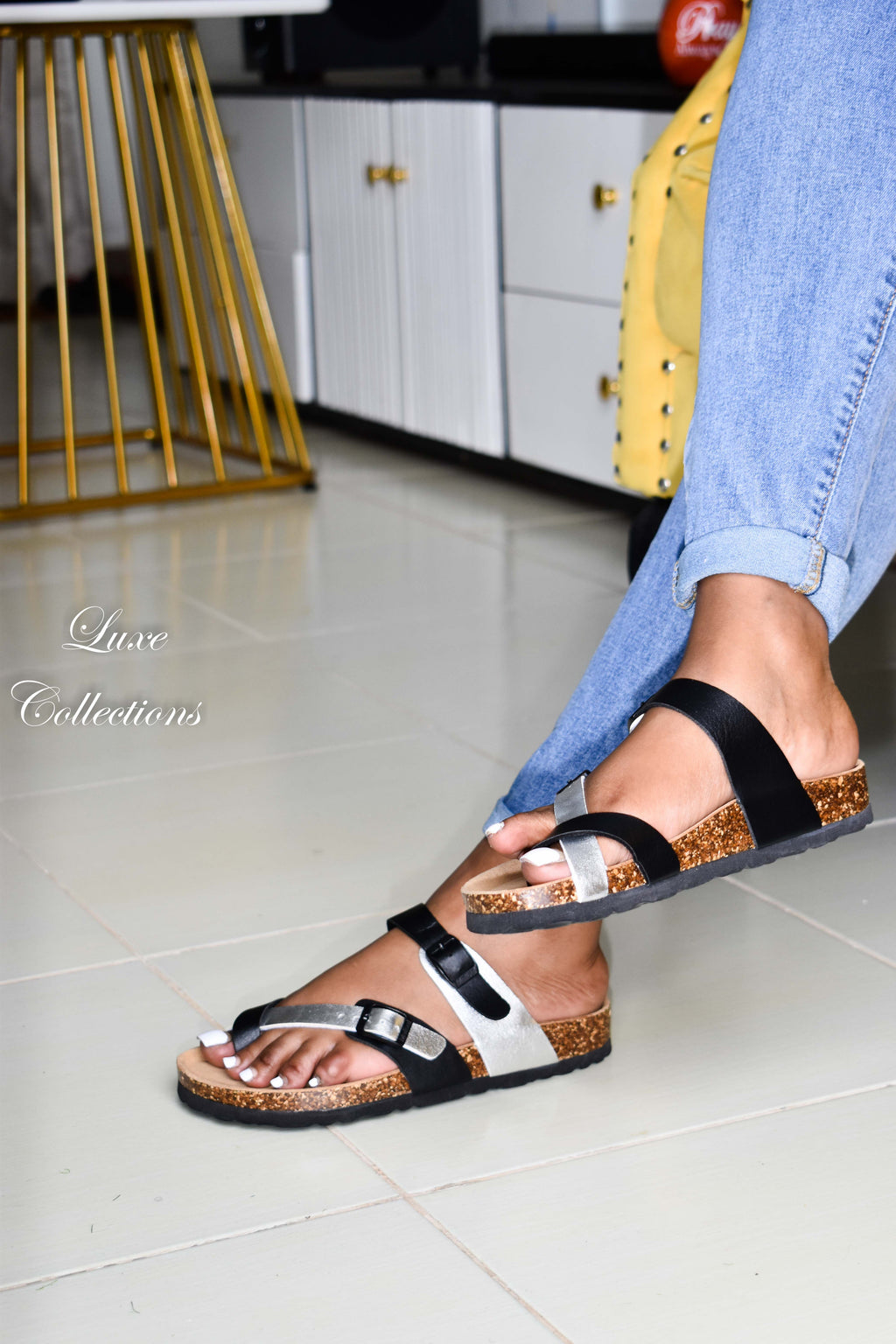 Black Silver Cork Sandals
