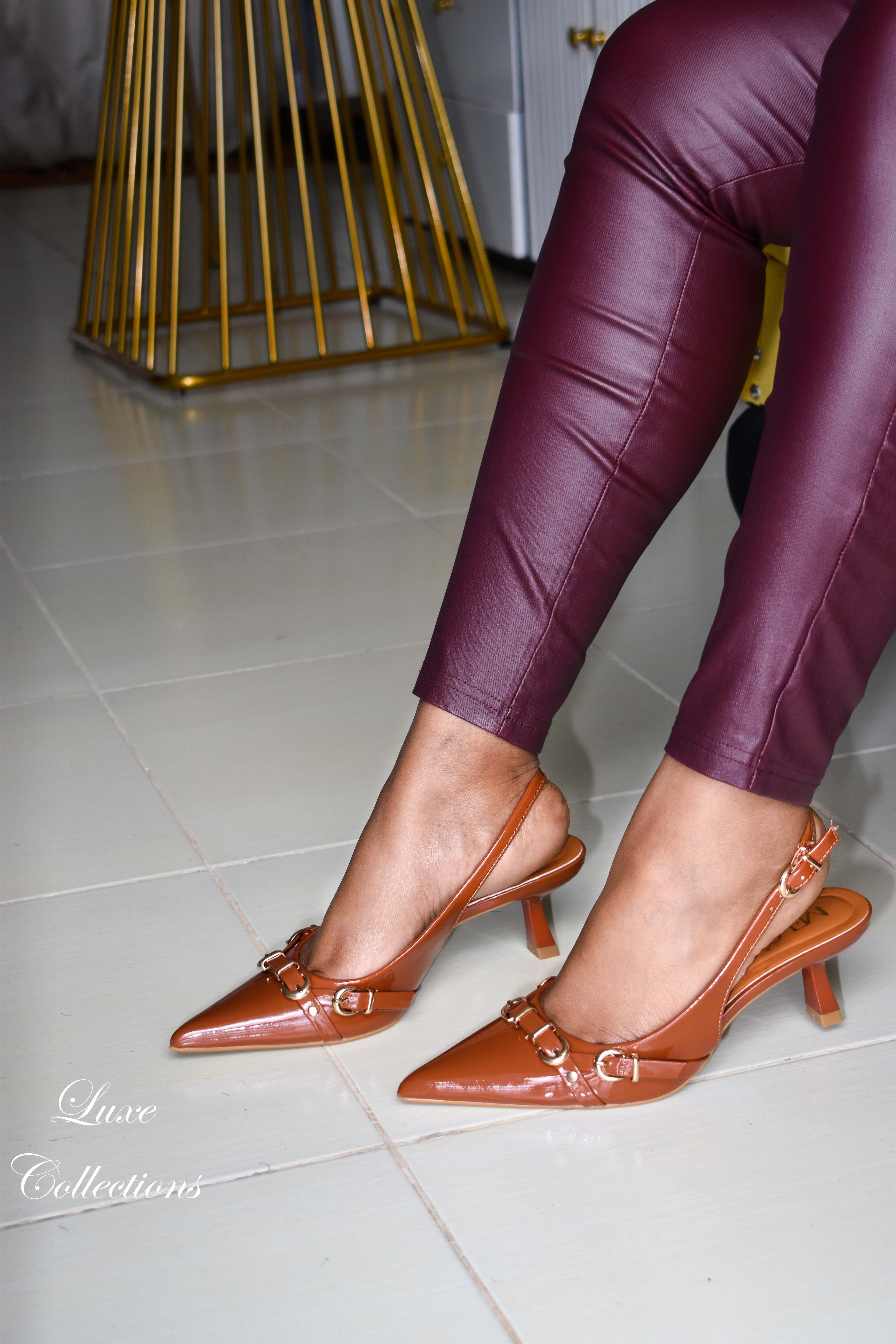 Brown Buckle Kitten Heels