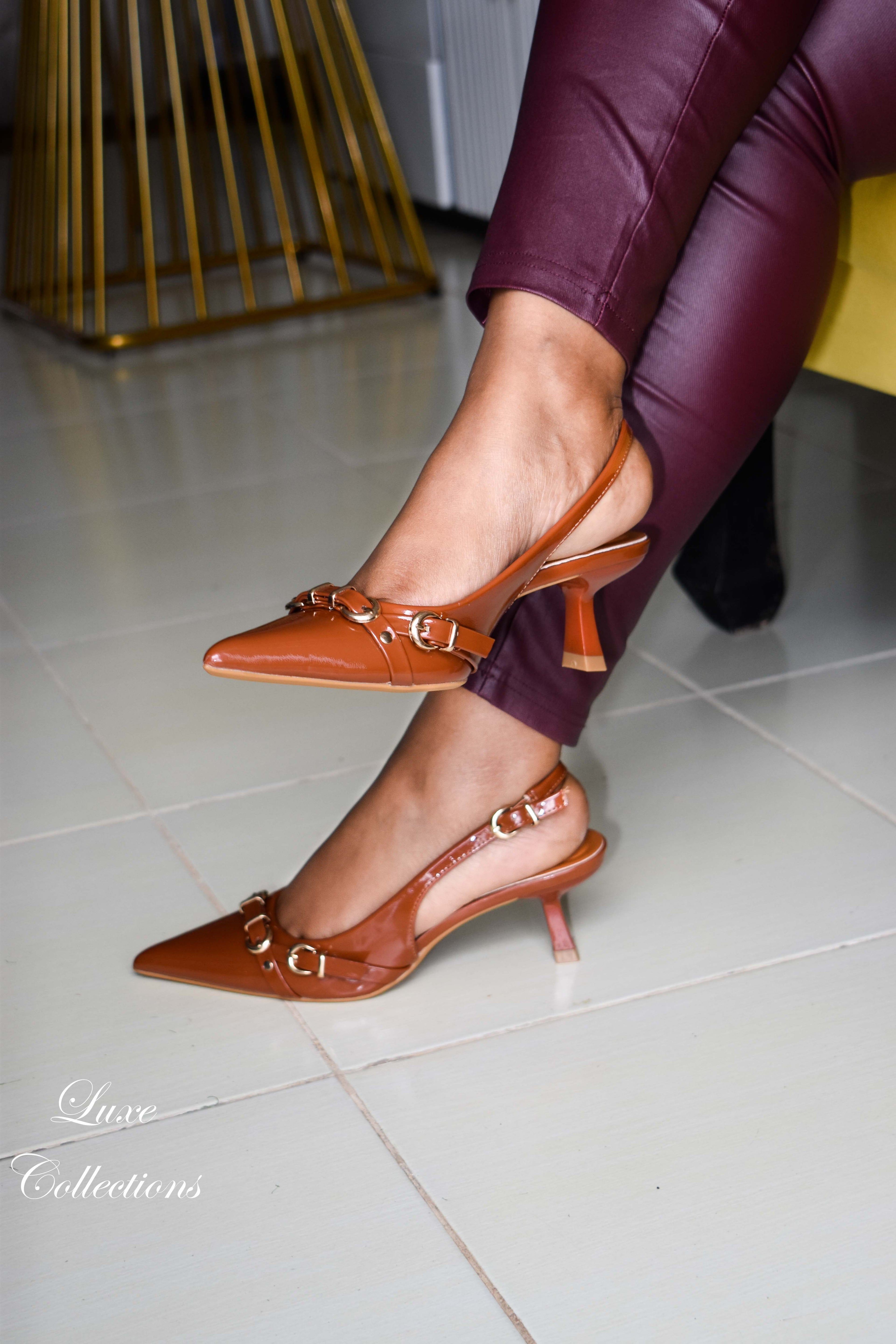 Brown Buckle Kitten Heels