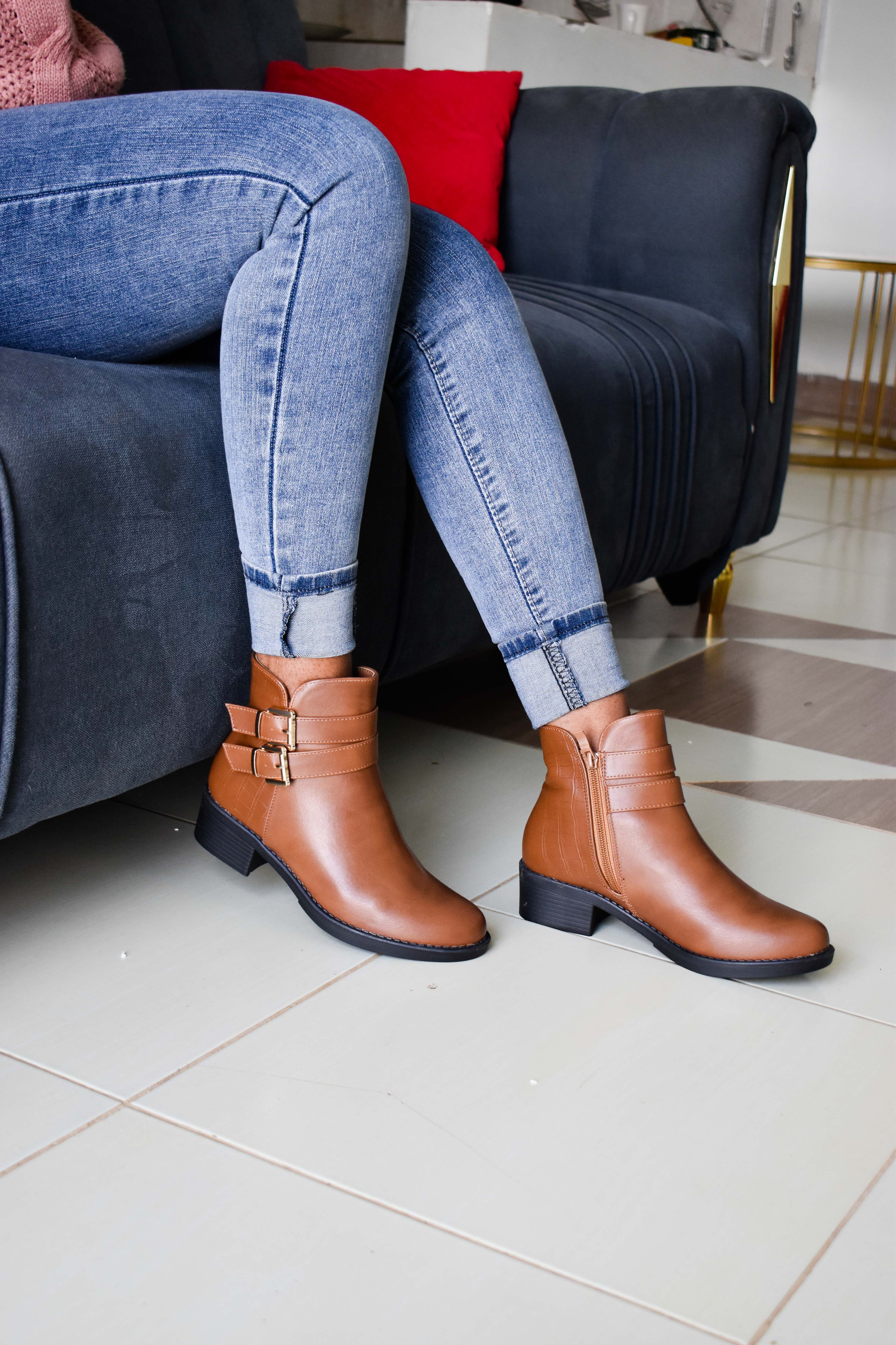 Brown Luxe Buckle Ankle Boots